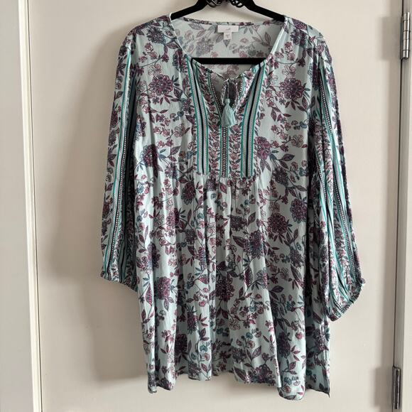 J. Jill Tasseled Tunic Top Blue Tassel Drawstring Neck Floral 3/4 Sleeve Sz M - Picture 1 of 6